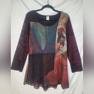 This & That Mixed Media Crochet Layered Tunic Top Size Medium Lagenlook Boho